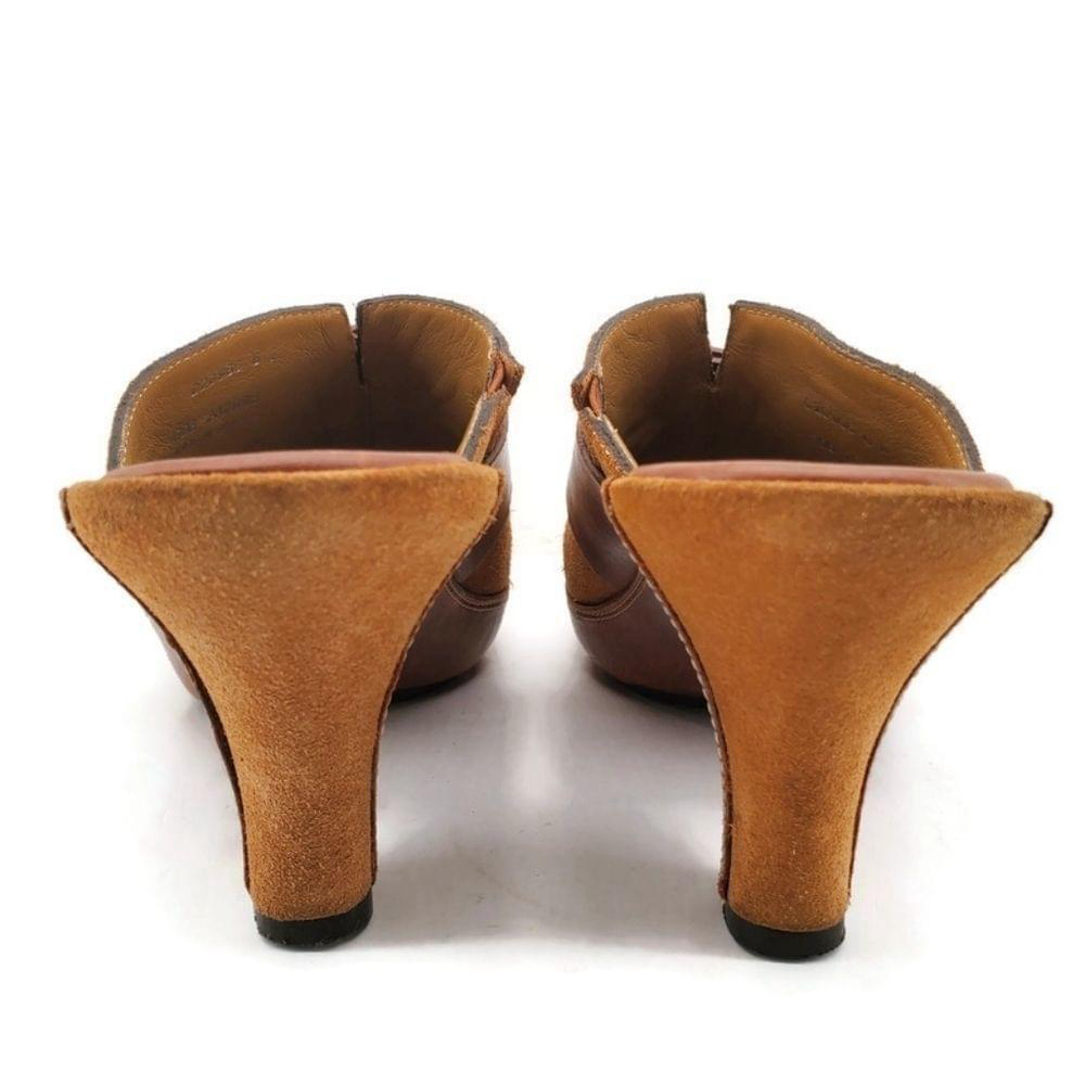 Cole Haan Tan Suede & Brown Leather Gold Buckle Strap Slide-On Mid Heel Mules - Picture 10 of 15